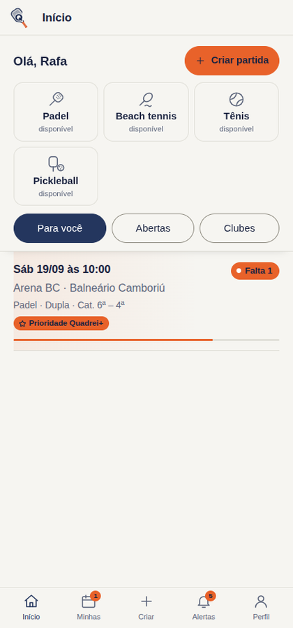 Tela inicial do aplicativo, com as partidas que combinam com o perfil do atleta