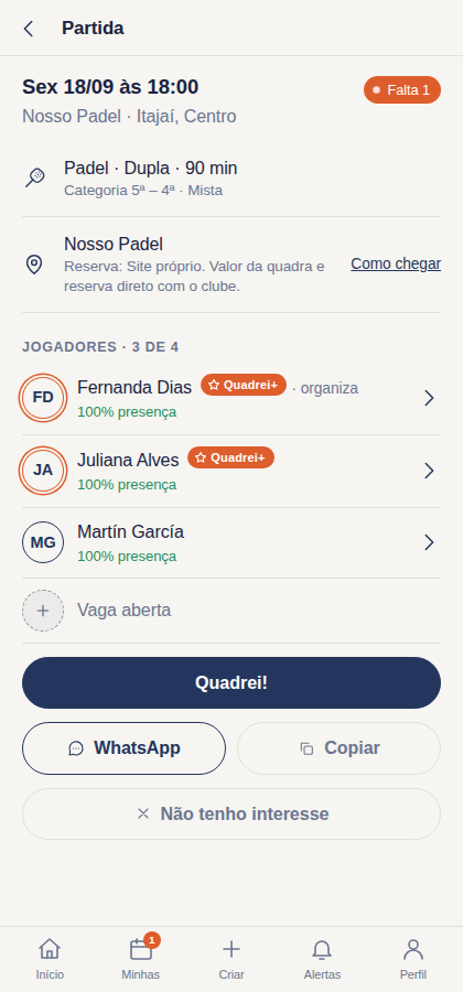 Detalhe de uma partida, com local, horário, categoria e quem já confirmou presença