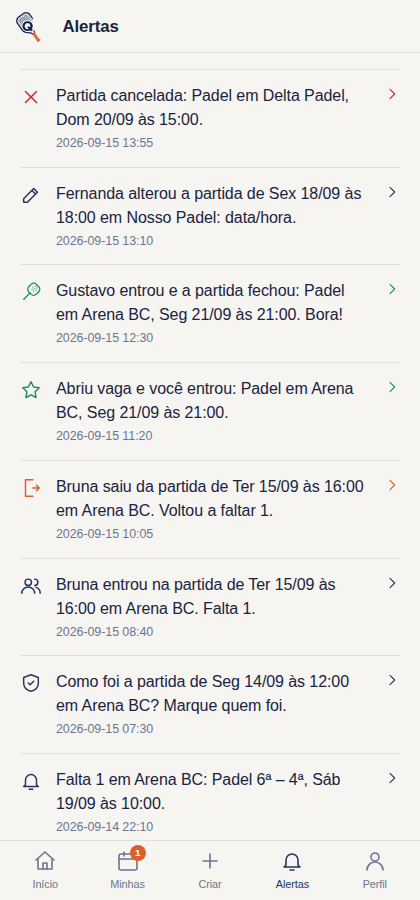 Lista de avisos do aplicativo, com um ícone para cada tipo de acontecimento